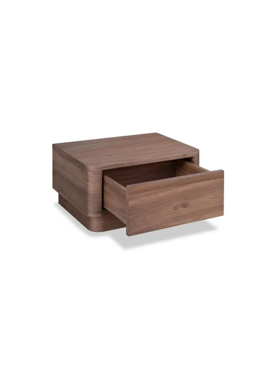 Round Off small nightstand, walnut, angled view