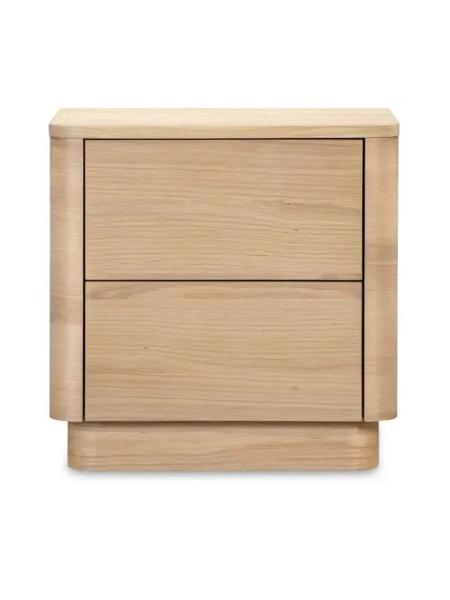 Round Off two-drawer tall nightstand in light oak with rounded corners and push-to-open glides, available at Curated Furnishings in Richmond, VA