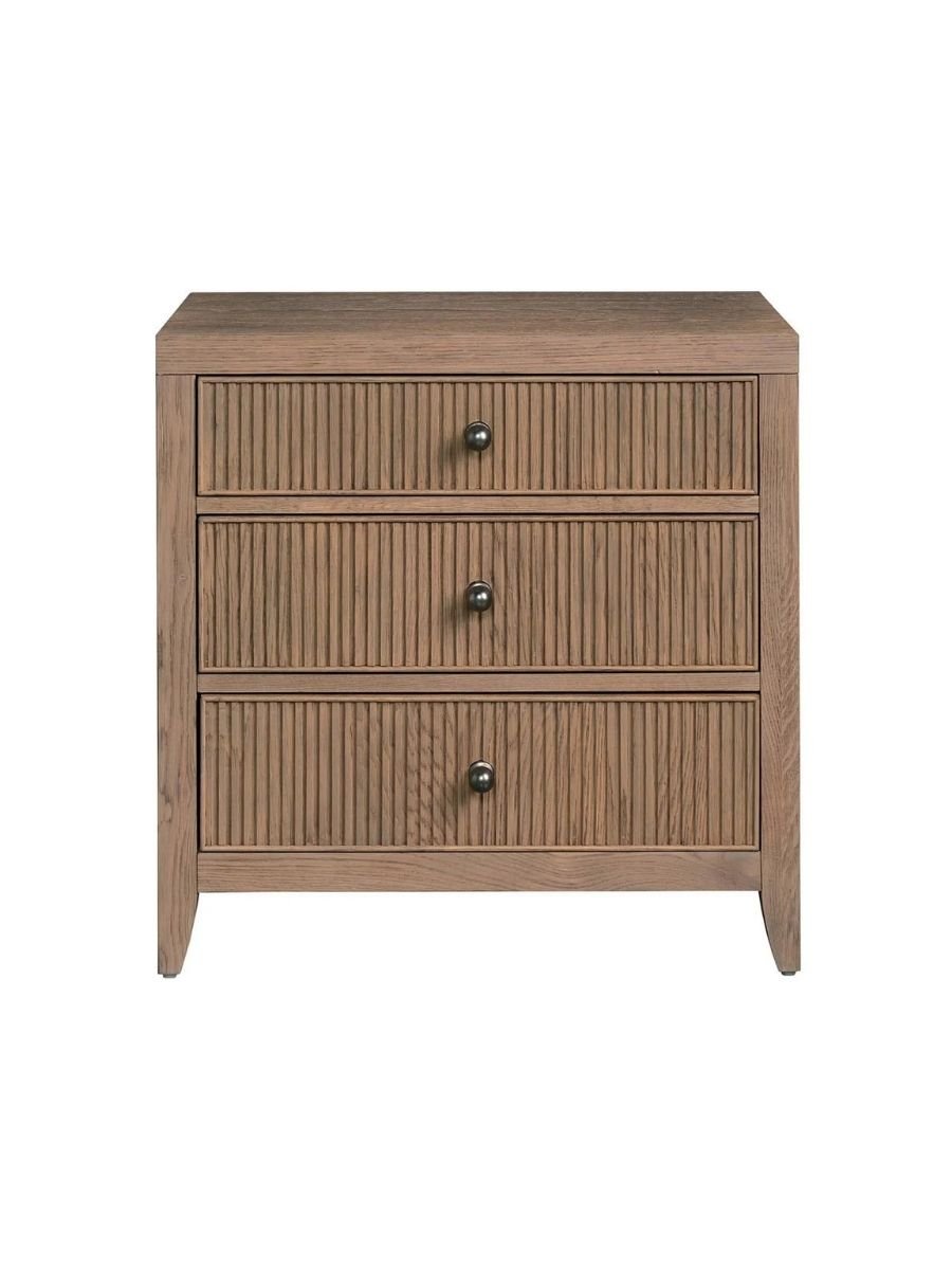Universal Furniture Carmen three-drawer nightstand in Skylark finish with metal ring pulls and vertical indentation detailing, available at Curated Furnishings in Richmond, VA