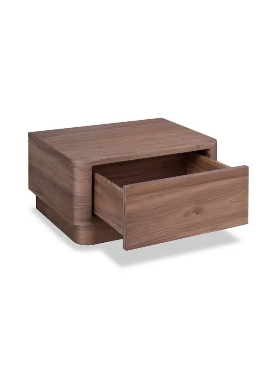 Round Off single-drawer nightstand in walnut showing rounded corner detailing and low-profile silhouette, available at Curated Furnishings in Richmond, VA