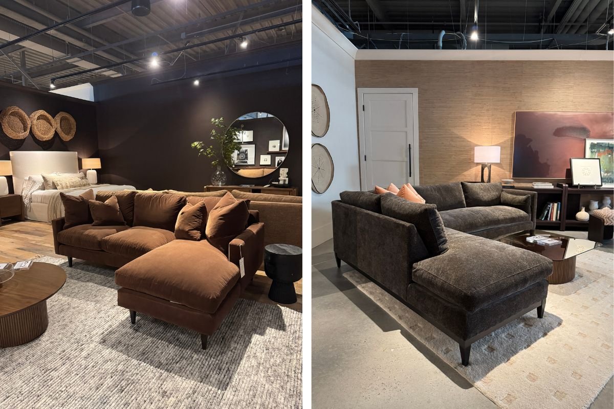 Two living room settings featuring deep brown upholstered seating from Rowe Furniture, showcasing warm, rich color tones.