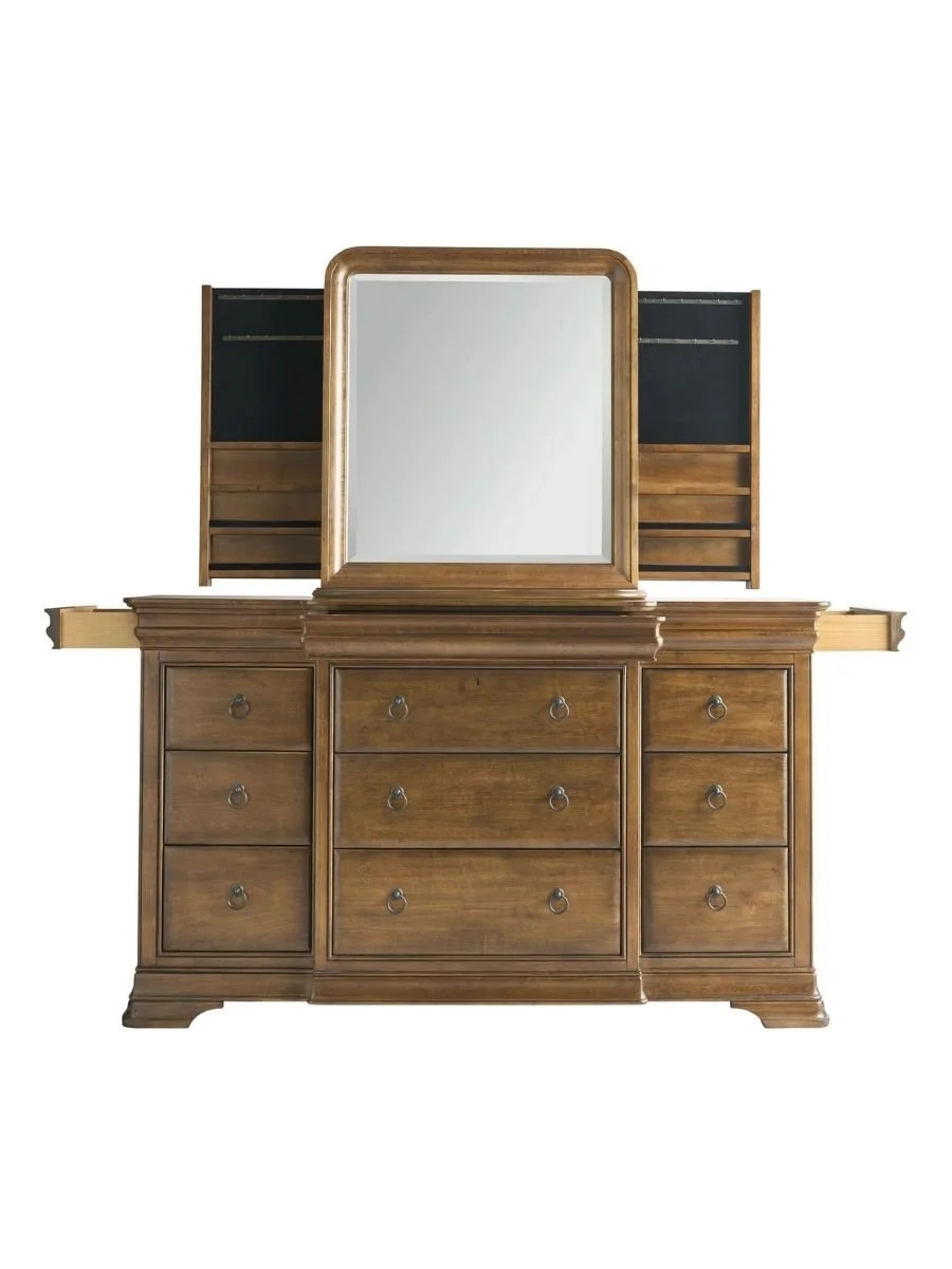 The New Lou Vertical Storage Mirror features hidden storage compartments; pairs with the dresser. Available at Curated Furnishings in Richmond, VA