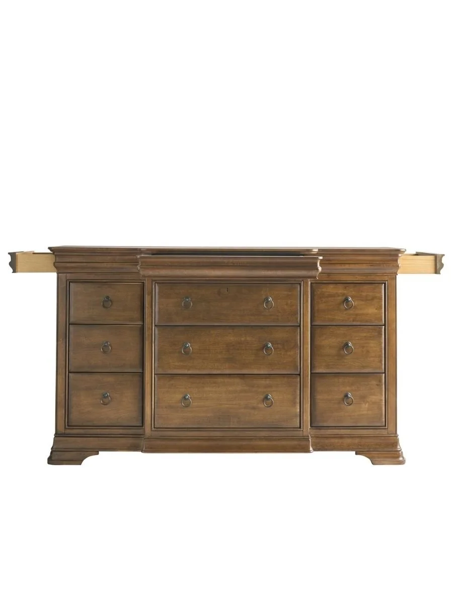 Universal Furniture New Lou drawer dresser with hidden drawers in cognac with antique bronze ring hardware and Louis Philippe styling, available at Curated Furnishings in Richmond, VA