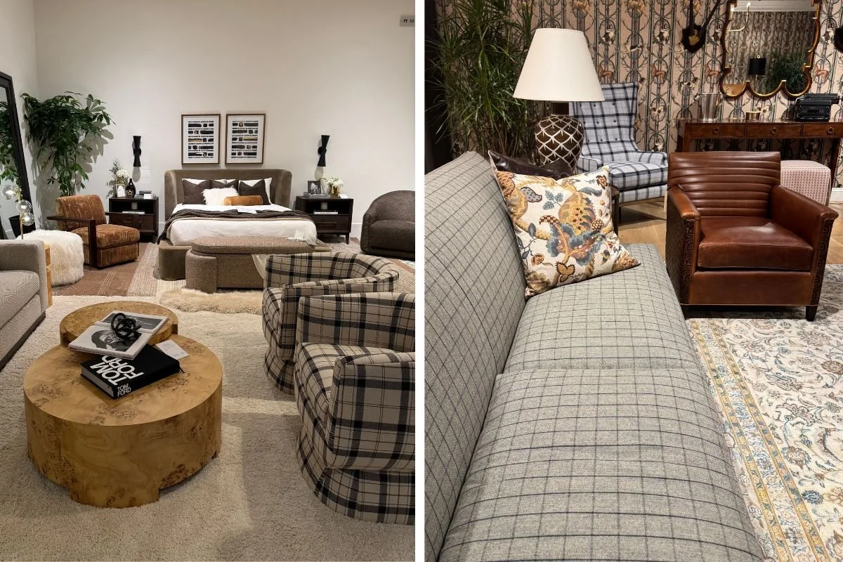 Collage showing upholstered furniture pieces featuring menswear-inspired plaid and textured fabrics from Precedent and Wesley Hall.