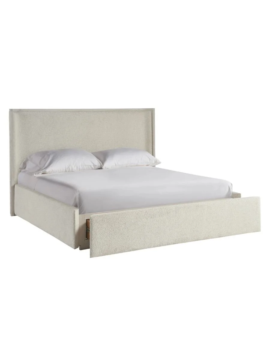 Universal Furniture Avaline Owen upholstered storage bed in Skylark showing wood-framed headboard and footboard detail, available at Curated Furnishings in Richmond, VA