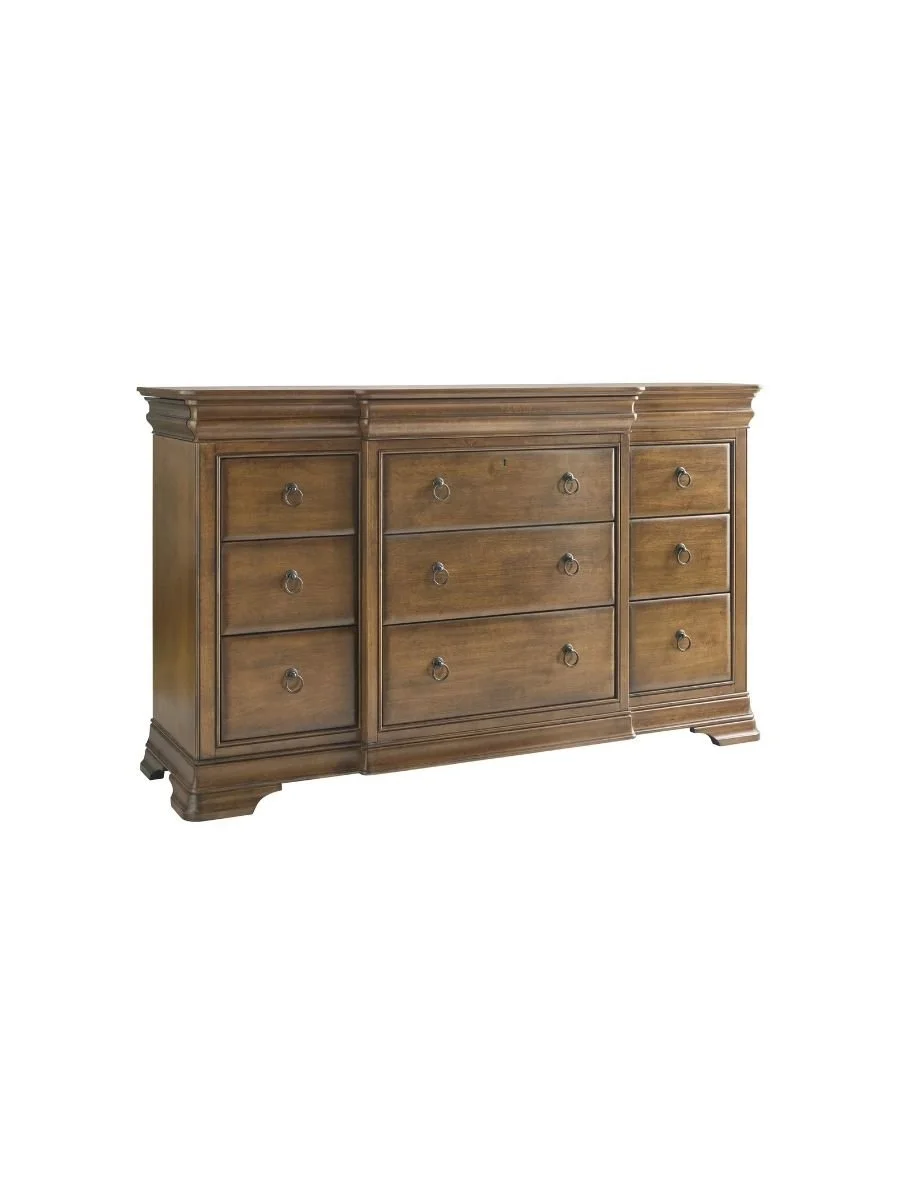 Universal Furniture New Lou drawer dresser, cognac finish, angled view