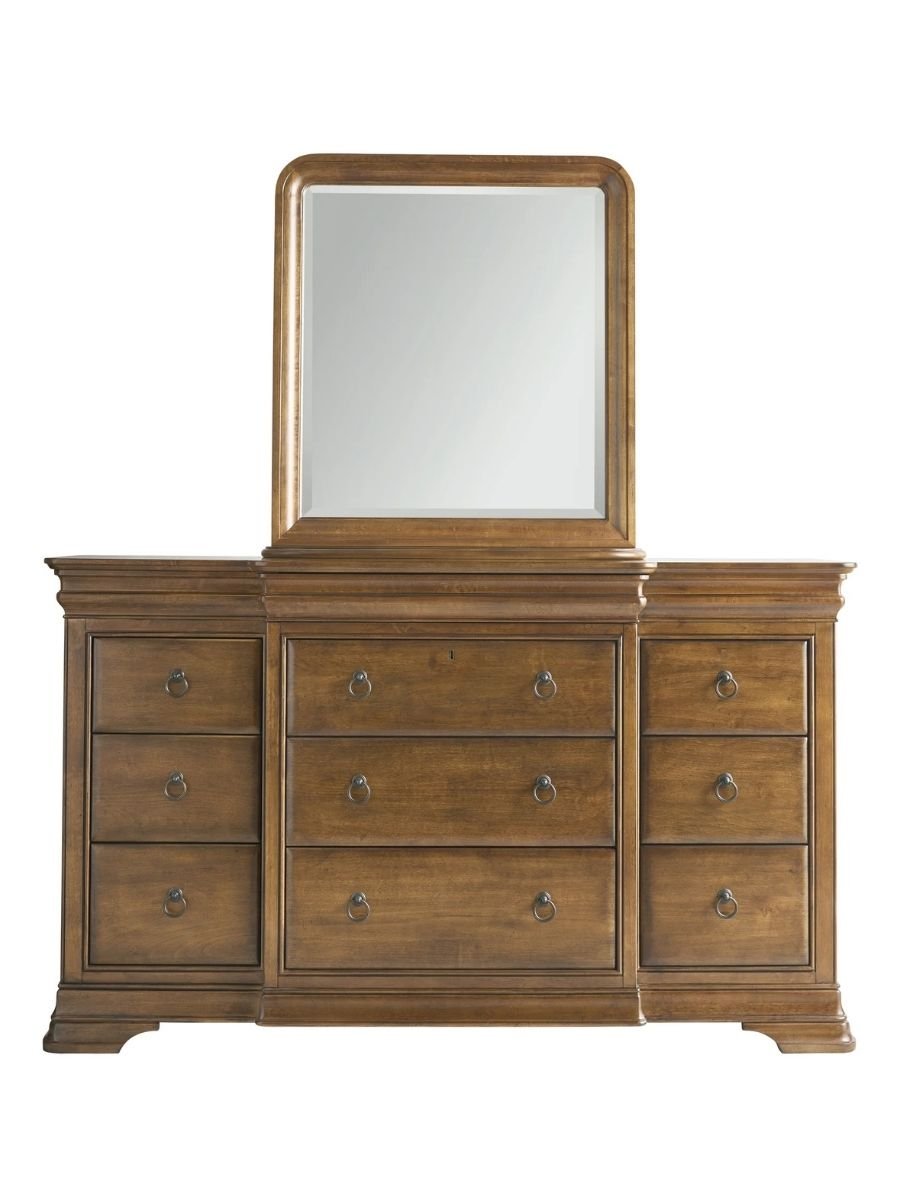 Universal Furniture New Lou vertical storage mirror in cognac with beveled mirror and Louis Philippe-inspired frame, available at Curated Furnishings in Richmond, VA