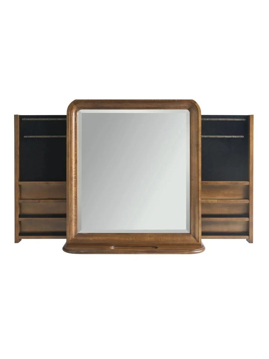 Universal Furniture New Lou vertical storage mirror in cognac showing sliding jewelry storage compartments and felt-lined trays, available at Curated Furnishings in Richmond, VA