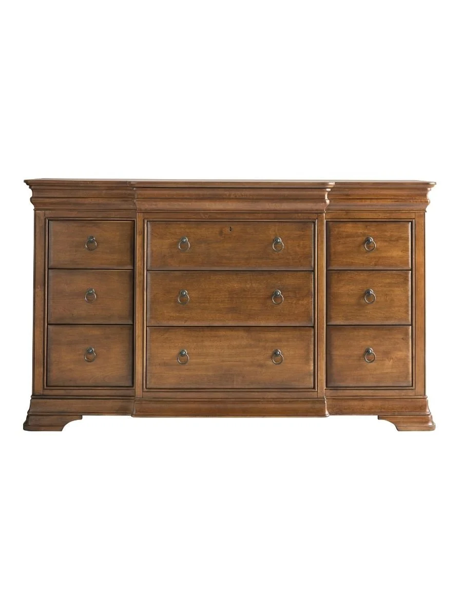 Universal Furniture New Lou drawer dresser in cognac with antique bronze ring hardware and Louis Philippe styling, available at Curated Furnishings in Richmond, VA