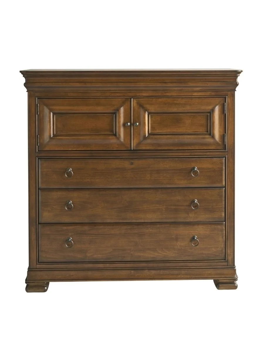 Universal Furniture New Lou dressing chest in cognac with three drawers, double doors, and antique bronze hardware, available at Curated Furnishings in Richmond, VA