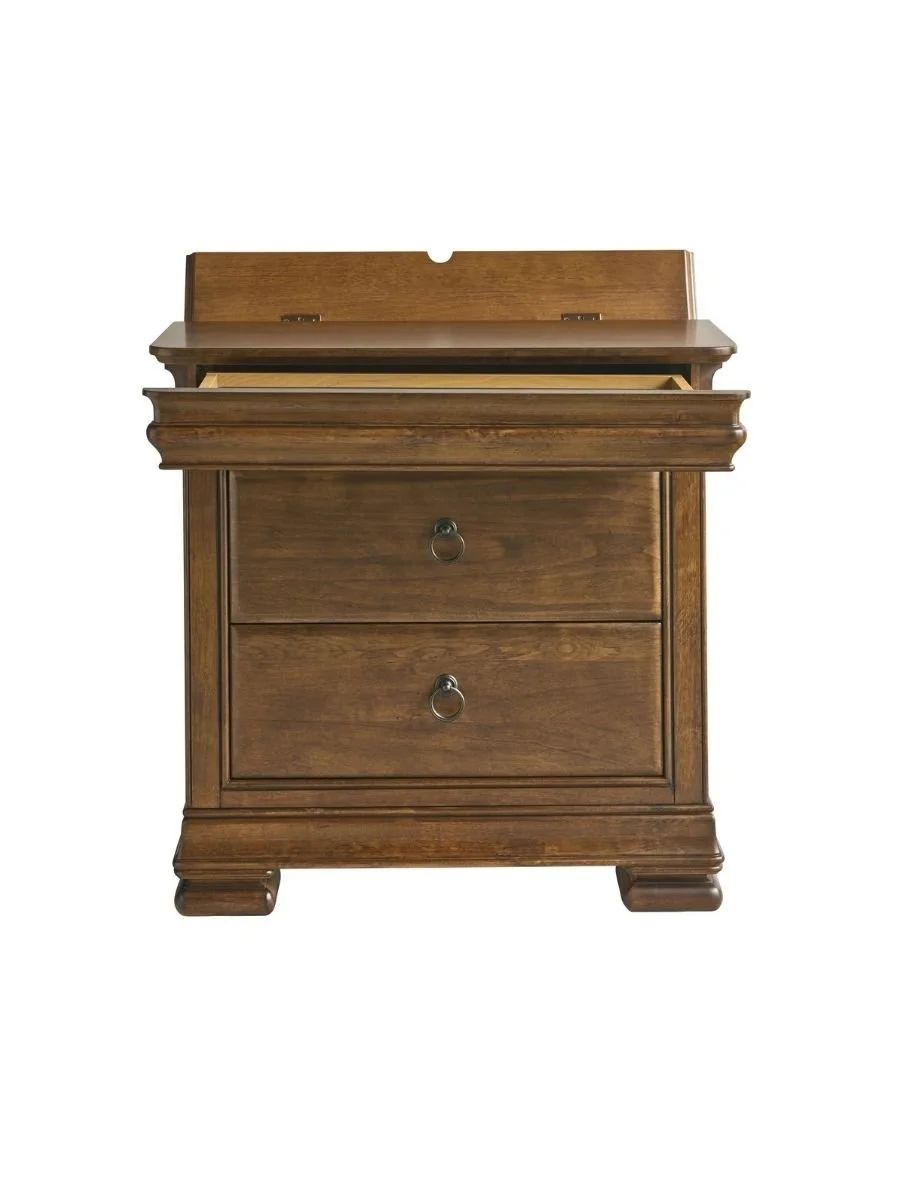 large Universal Furniture New Lou nightstand in cognac showing hidden top drawer, available at Curated Furnishings in Richmond, VA