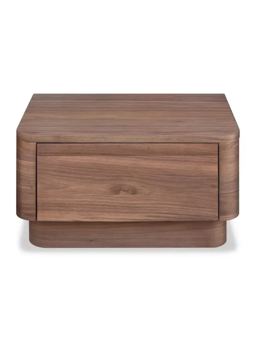 Round Off single-drawer nightstand in walnut with rounded corners and soft-close glide, available at Curated Furnishings in Richmond, VA