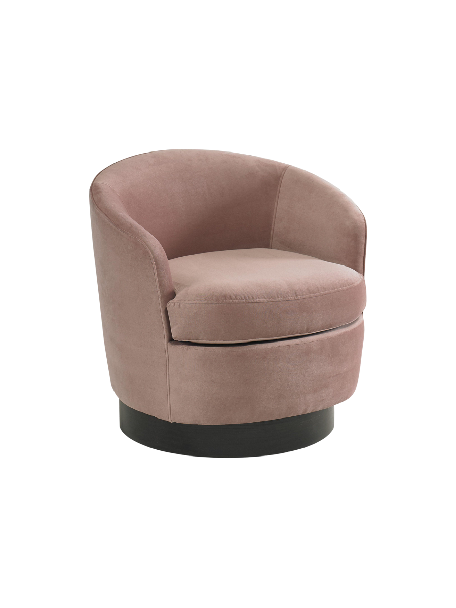 Side view of the Claudia swivel chair, showing the rounded shape and smooth rounded base.