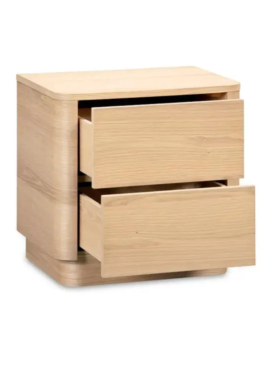 Round Off two-drawer tall nightstand in light oak showing rounded corner detailing and taller profile, available at Curated Furnishings in Richmond, VA