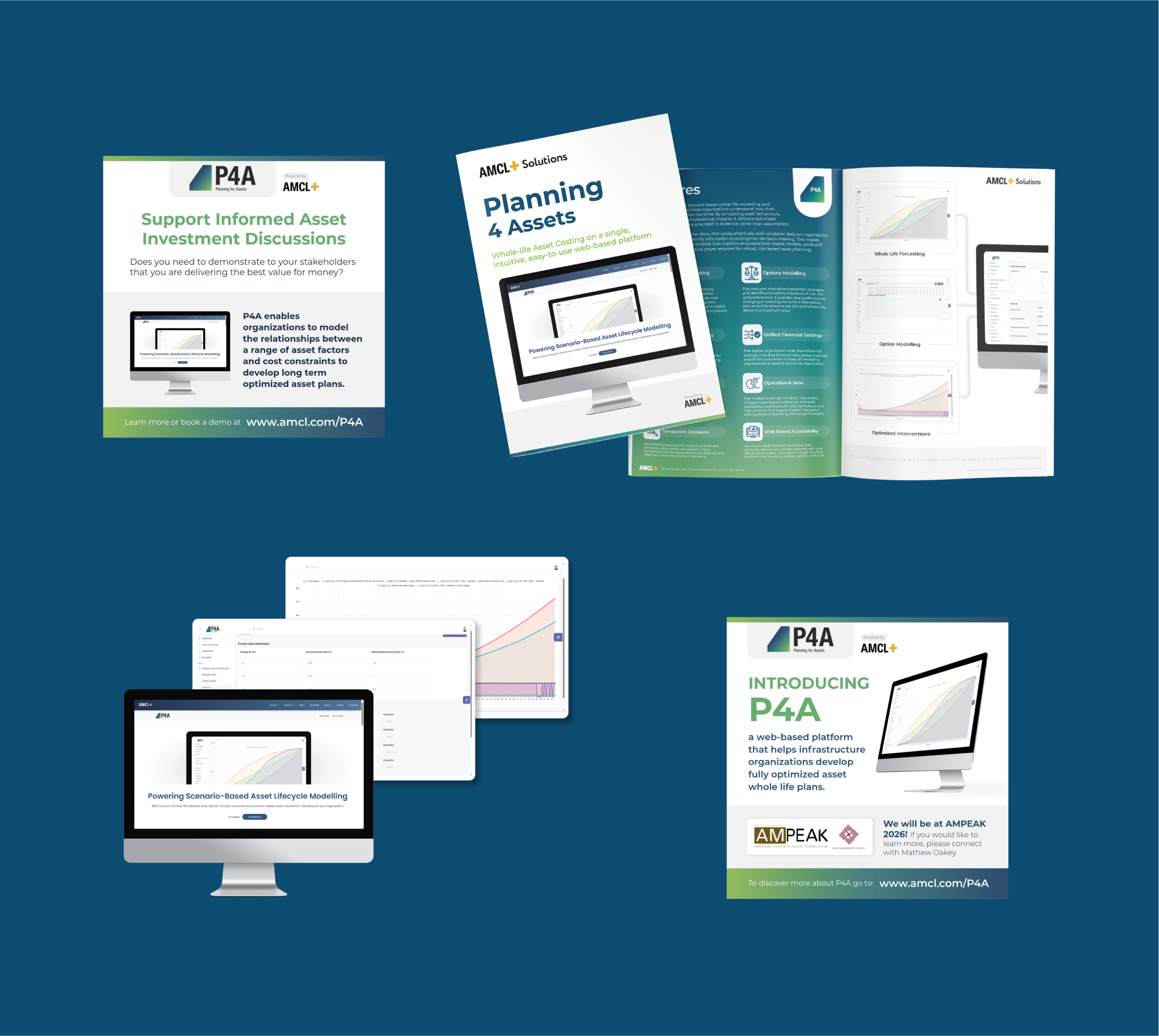 P4A brand identity overview, showing two examples of social media posts, one brochure, and the website.