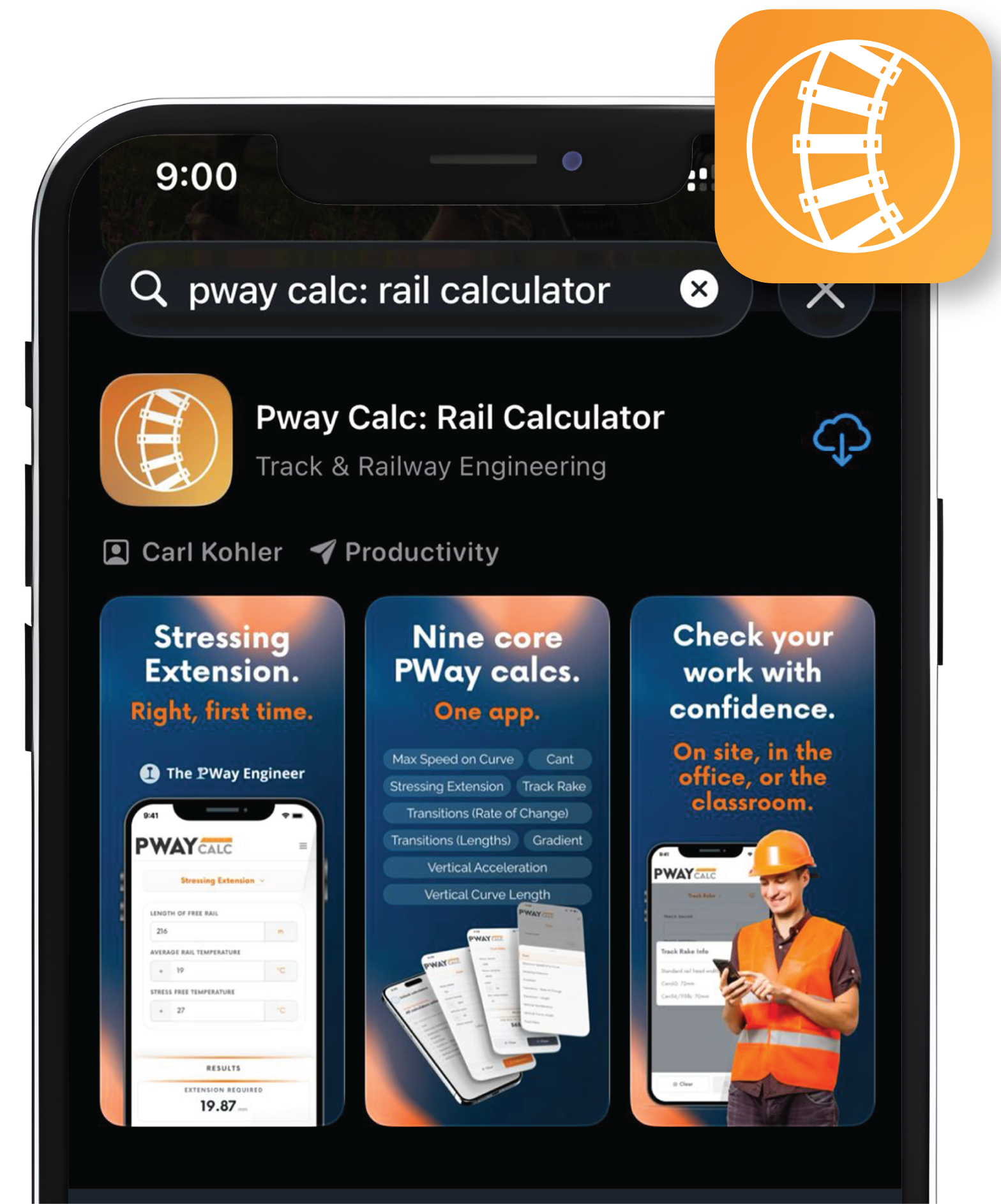 An iphone showing the PWay Calc app on the app store.