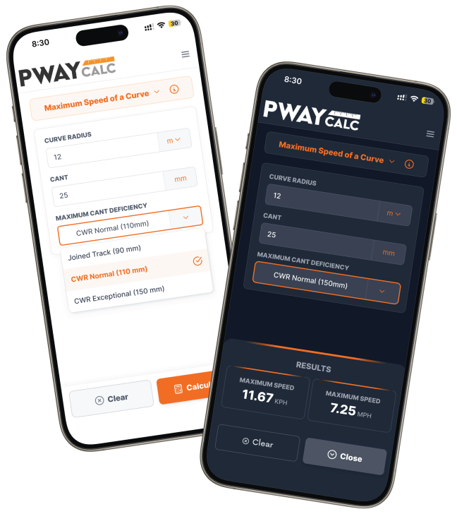 PWay Calc app on 2 iphones, in dark and light mode.