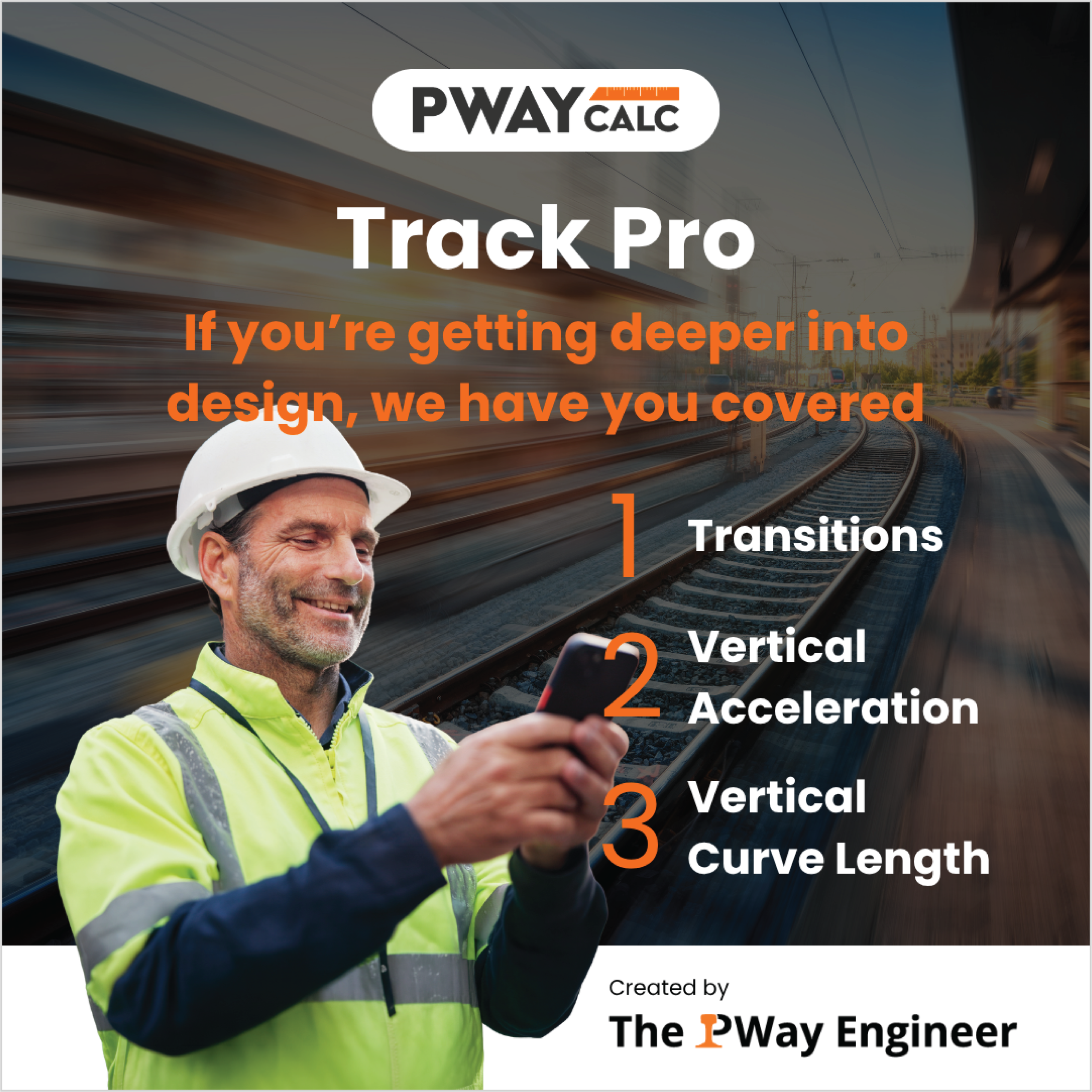 A social media post marketing the PWay Calc app. Shows an engineer using the app, created by the Pway Engineer.