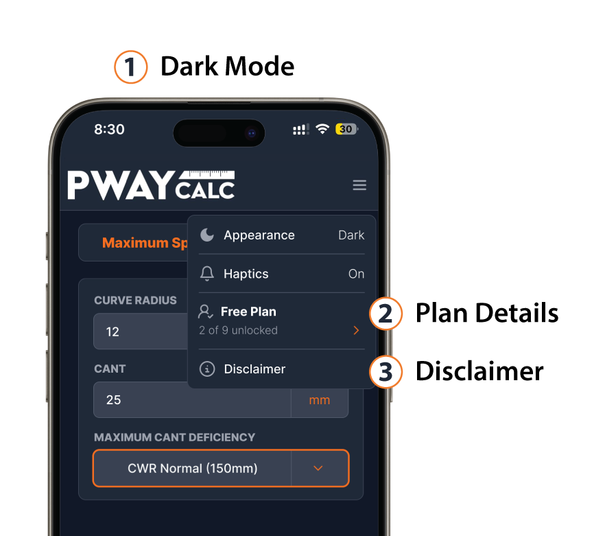 PWay Calc app on iphone, with 3 areas tagged with changes: dark mode, plan details, and disclaimer.