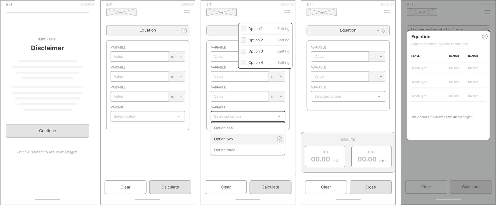 PWay Calc wireframes for the free tier.
