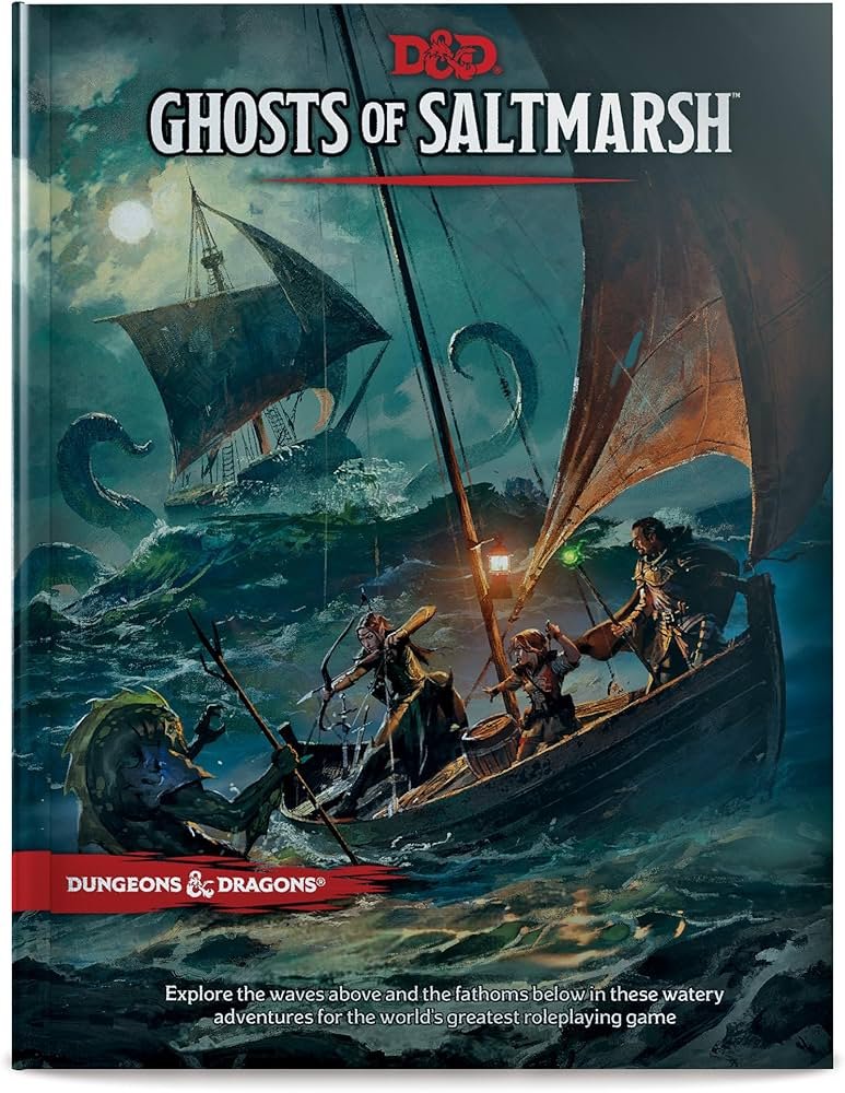 A cover for the Dungeons & Dragons book titled "Ghosts of Saltmarsh," depicting a pirate ship and a smaller boat with adventurers on rough seas, under a moonlit sky.