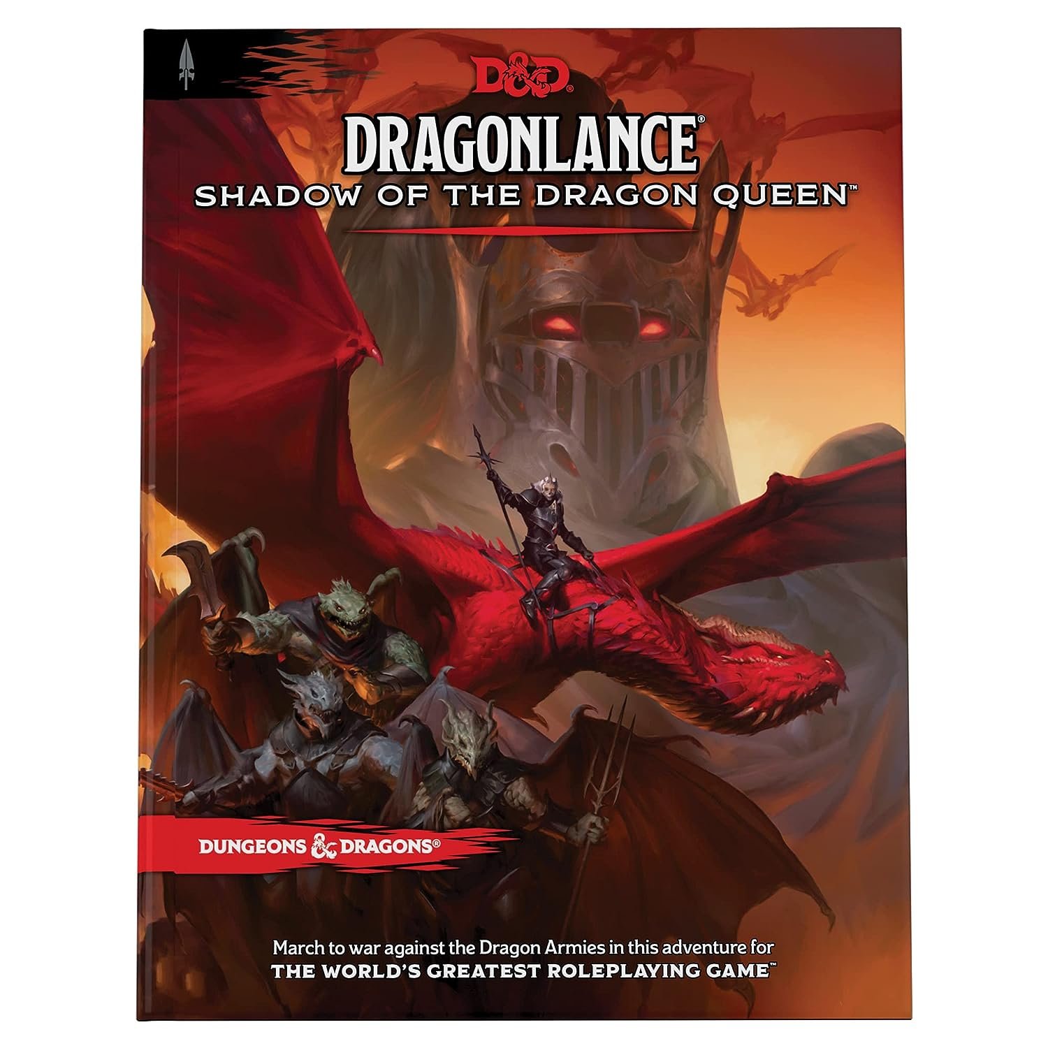 Cover art for Dungeons & Dragons Dragonlance Shadow of the Dragon Queen, showing a large dragon and four adventurers in armor, with a castle-like structure in the background.