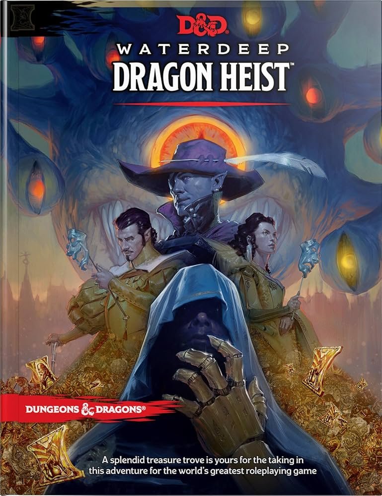 Photo of the cover to the RPG book Waterdeep Dragon Heist which shows low level characters who use wits to win.