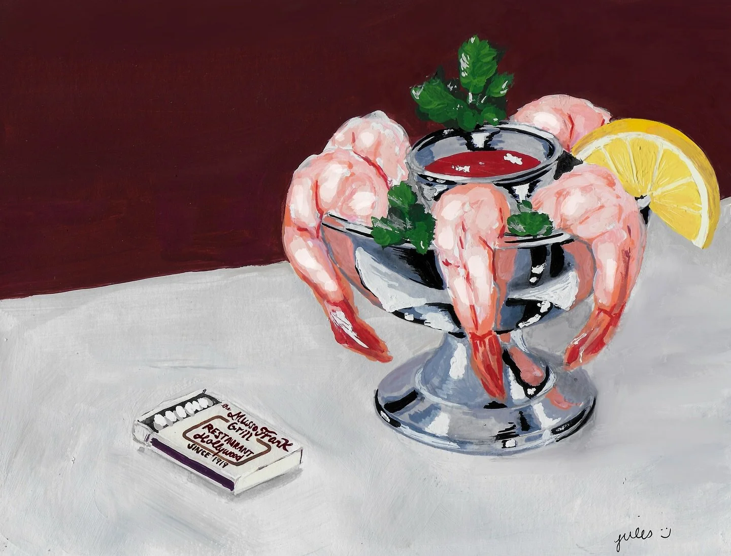 Painting iconic places in LA: Dinner scene at Musso &amp; Frank 🍤🦐🍋

And speaking of iconic, four days until I&rsquo;m at @renegadecraft for the weekend ☀️