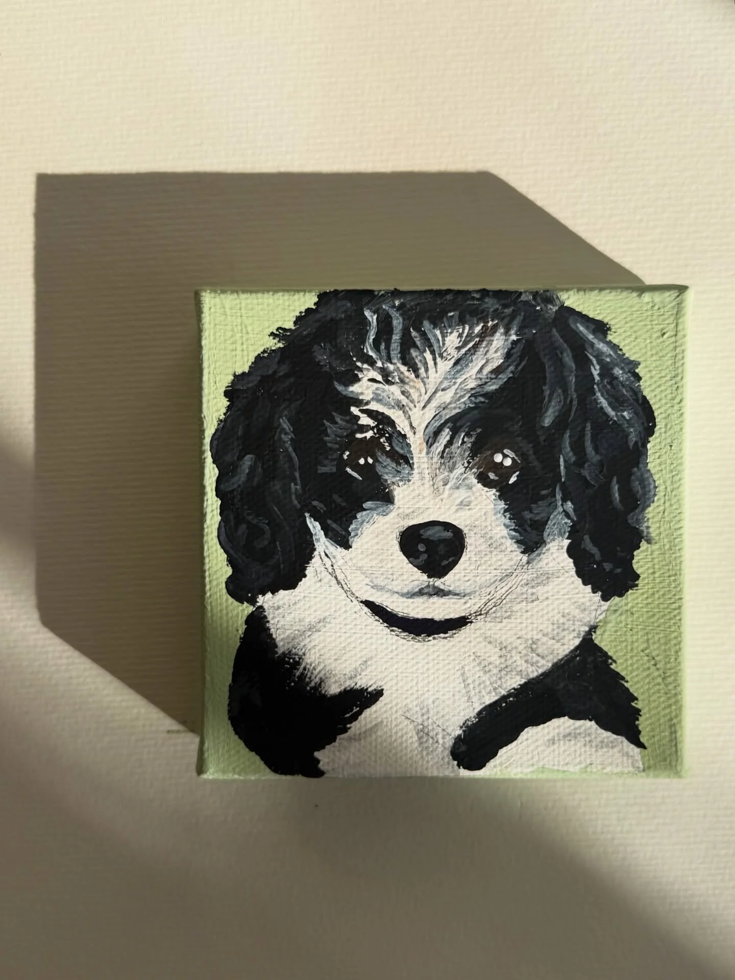 I haven&rsquo;t painted a mini canvas in so long and every time I do I fall in love again. Here is Charlie as a puppy, living room zoom for scale.