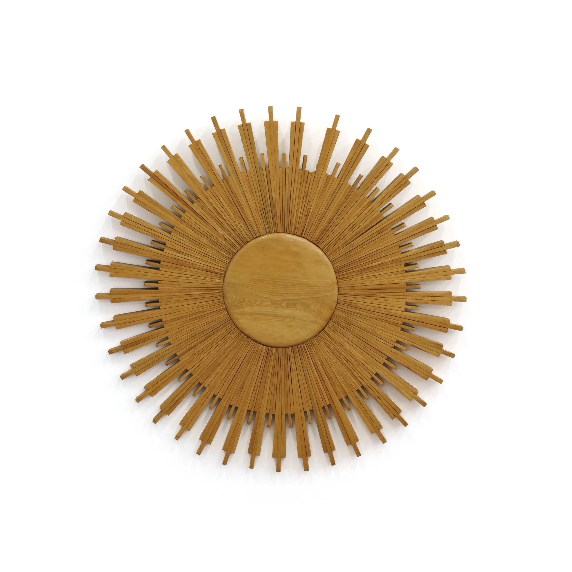 Decorative wooden wall clock with radiating sunburst design on a white background.