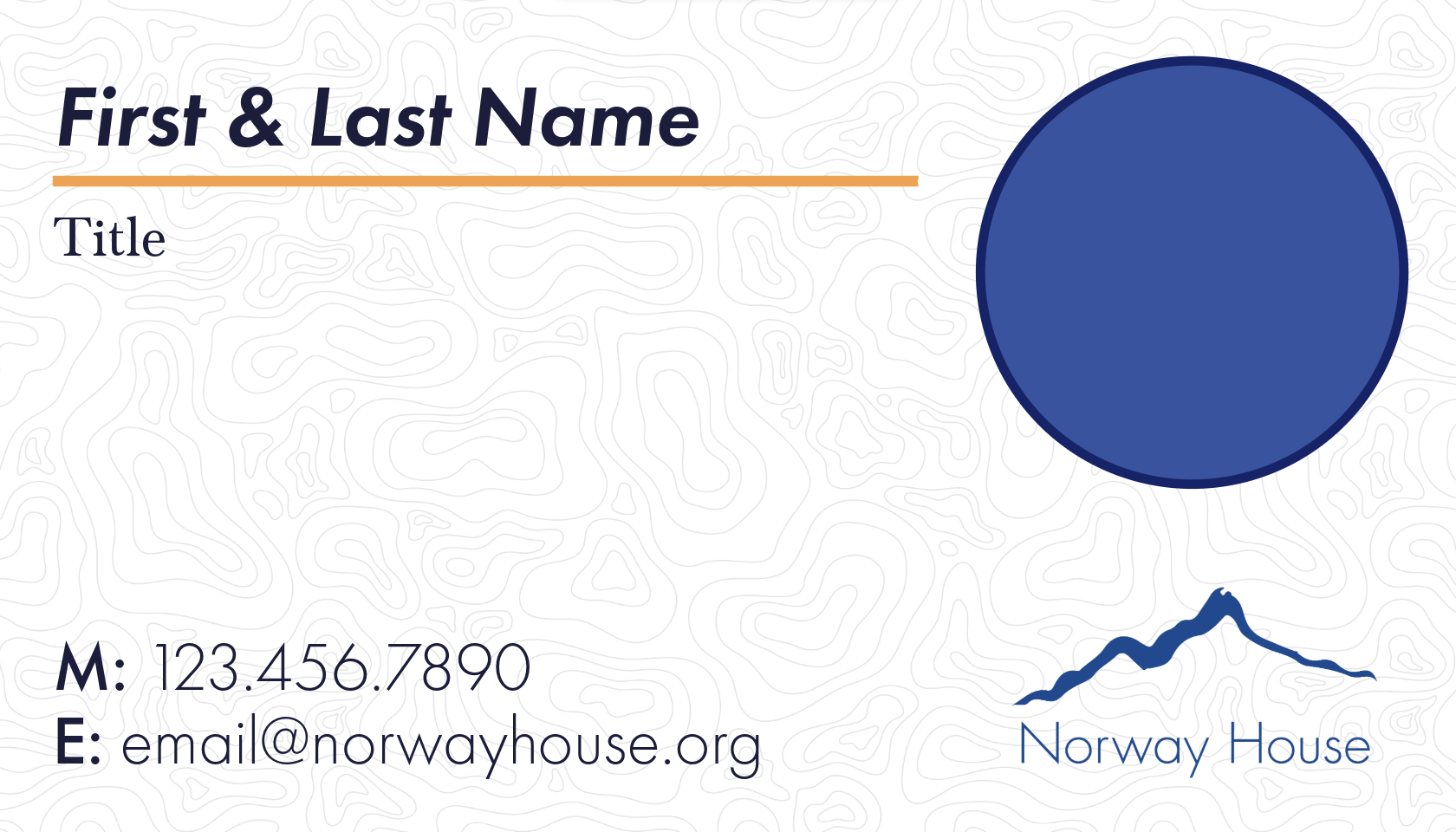 A business card with a white background featuring a light gray topographic map pattern. It displays placeholder text for a name, profession, phone number, and email. The top right corner has a large blue circle, and a stylized blue mountain range with "Norway House" written below is at the bottom right.