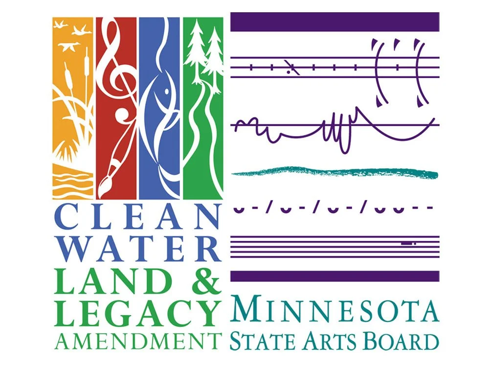 Logo with colorful vertical panels representing nature, water, land, and trees, with text promoting clean water and land, Minnesotas' Amendment to the State Arts Board.