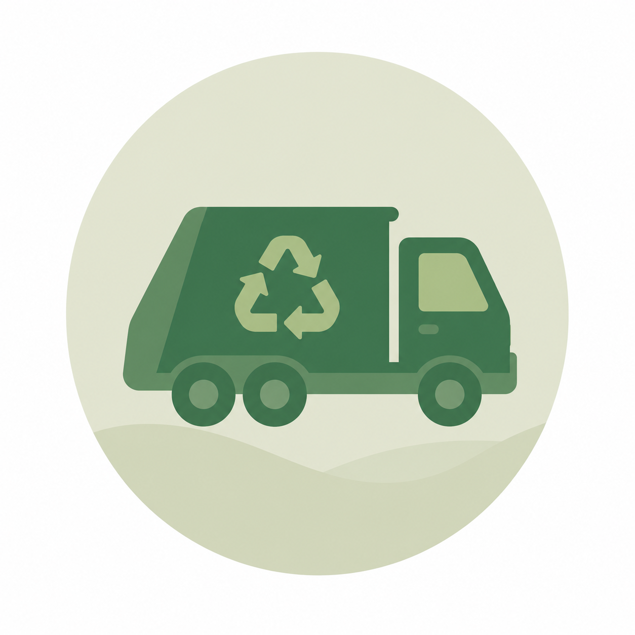 Blue recycling truck icon on a lgreen circular background.