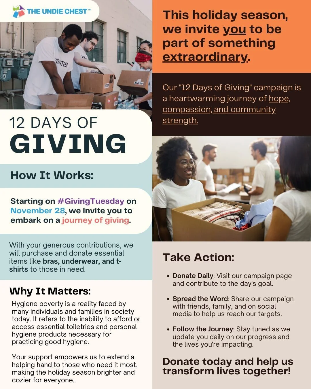 🎁 Happy #GivingTuesday! 🎁

During the next 12 days, @undiechest will share 12 inspiring stories about the individuals who receive the donated underwear through our dedicated partnerships and donors. 🧡

Please follow, like, and share the stories ov