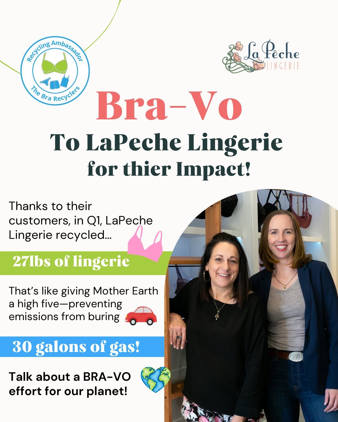 From landfill diversion to life-changing donations, our ambassadors are creating real impact. 💫♻️
In Q1 of 2025, @lapechelingerie recycled 27 lbs of lingerie items, helping reduce textile waste while supporting dignity for women in need. 💖🩲
🌿 T