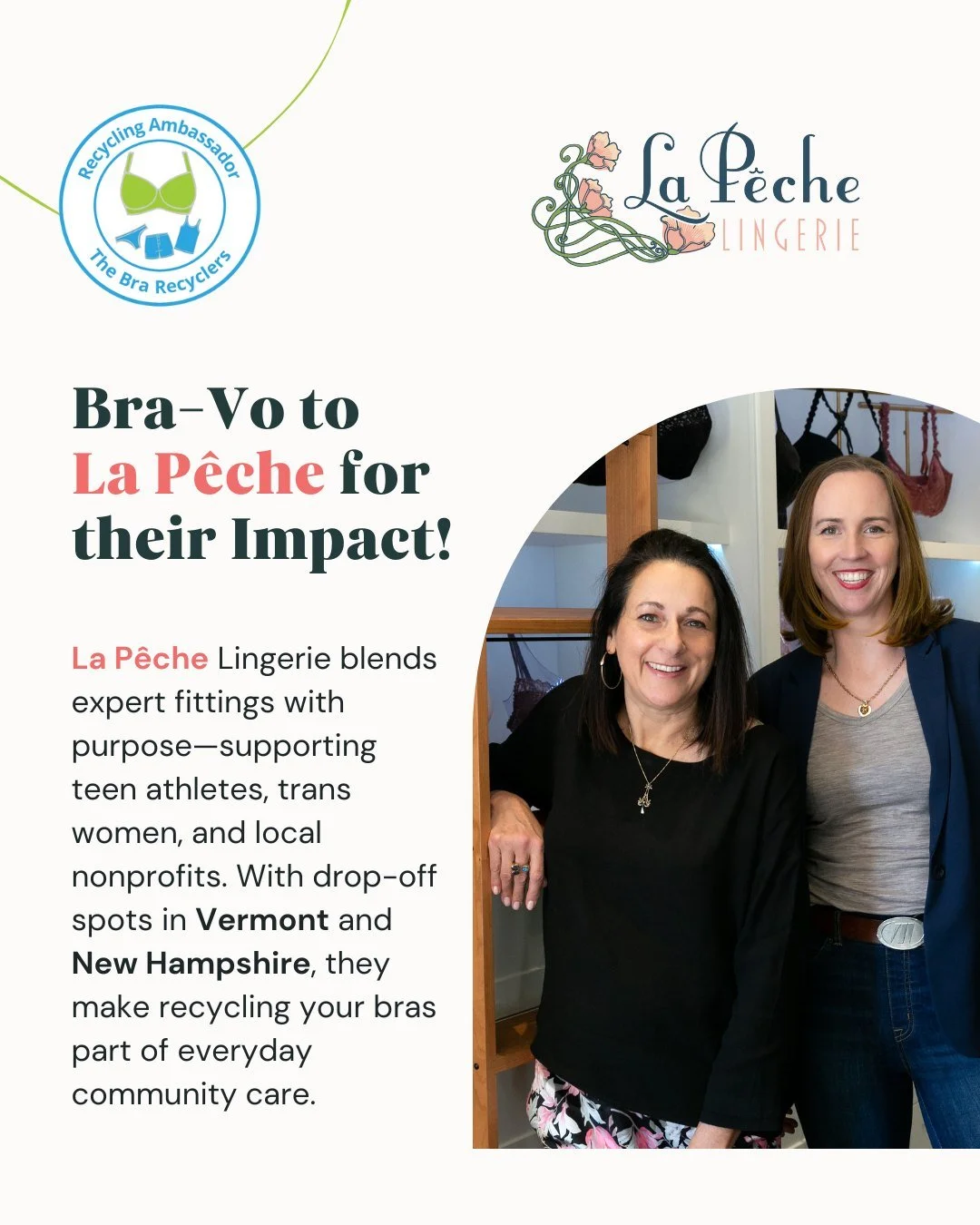 Need a place to recycle your bras and support a small business doing good? ♻️
@lapechelingerie makes it easy 🩵
From offering free and low-cost bras to local women and teen athletes to welcoming trans women for fittings, they’re all about com