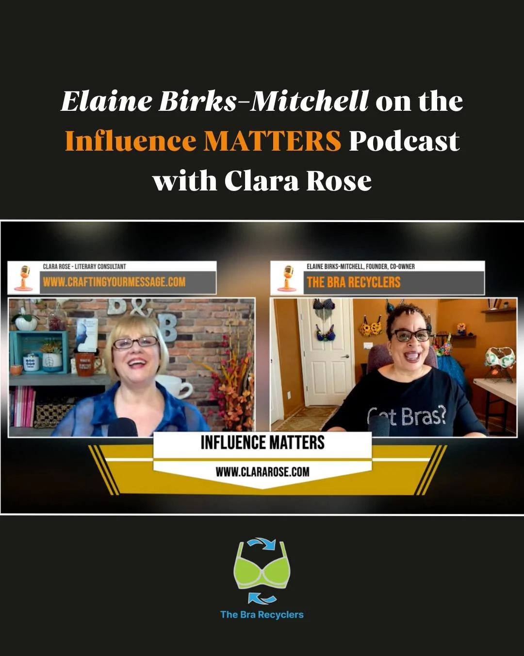 🎙️ Our CEO, Elaine Birks-Mitchell, recently joined Clara Rose on the Influence MATTERS podcast!
Elaine shares her journey from tech project manager to social entrepreneur and talks about the work behind The Bra Recyclers & the Undie Chest.
👇