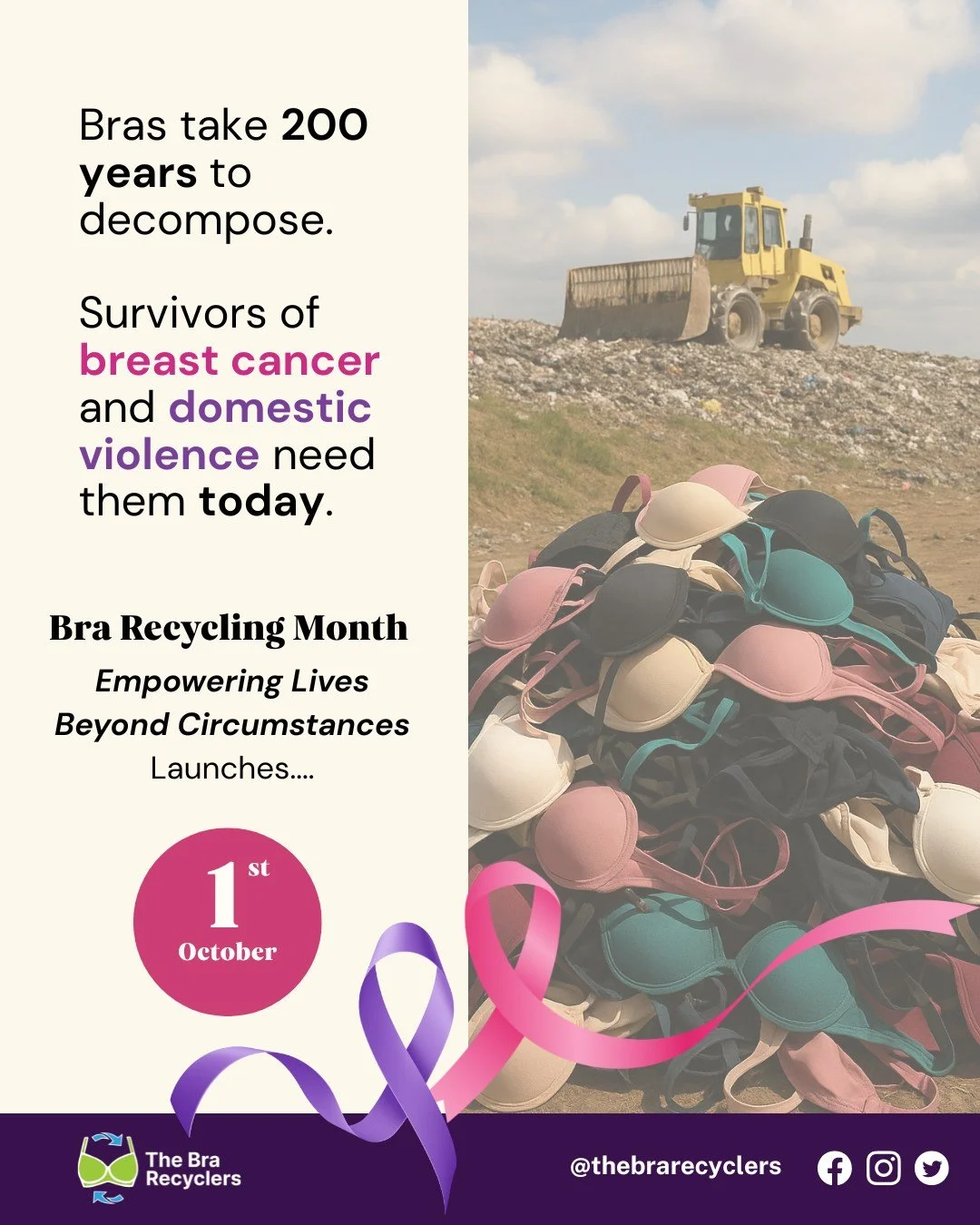 💜 Survivors of breast cancer and domestic violence need bras.
🌎 Landfills are full of them.
Bras can take 200 years to break down, yet they could bring dignity and comfort to someone rebuilding their life.
This October is Bra Recycling Month 202