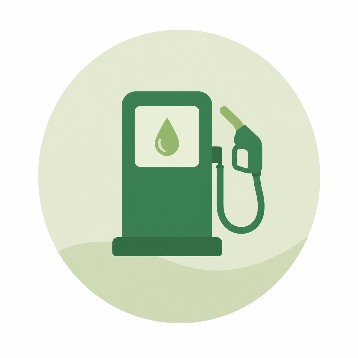 Icon of a blue gas pump with a nozzle on the right side, set against a light green circular background.