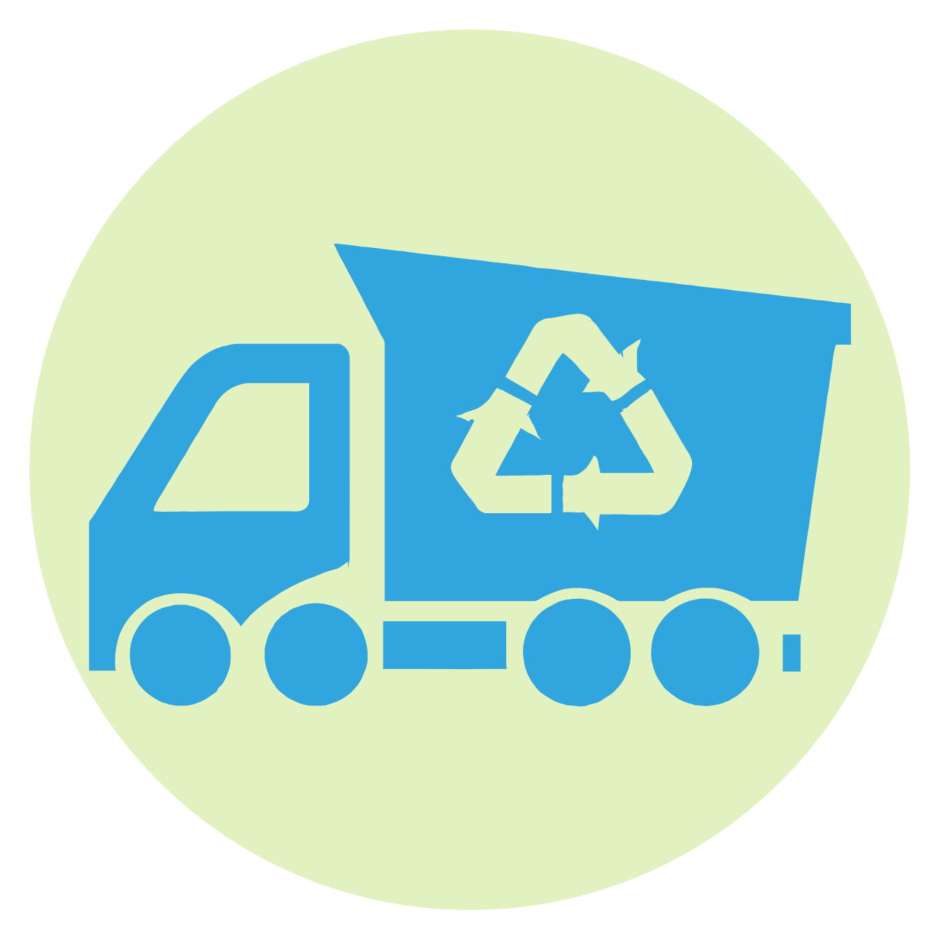 Blue recycling truck icon on a light green circular background.