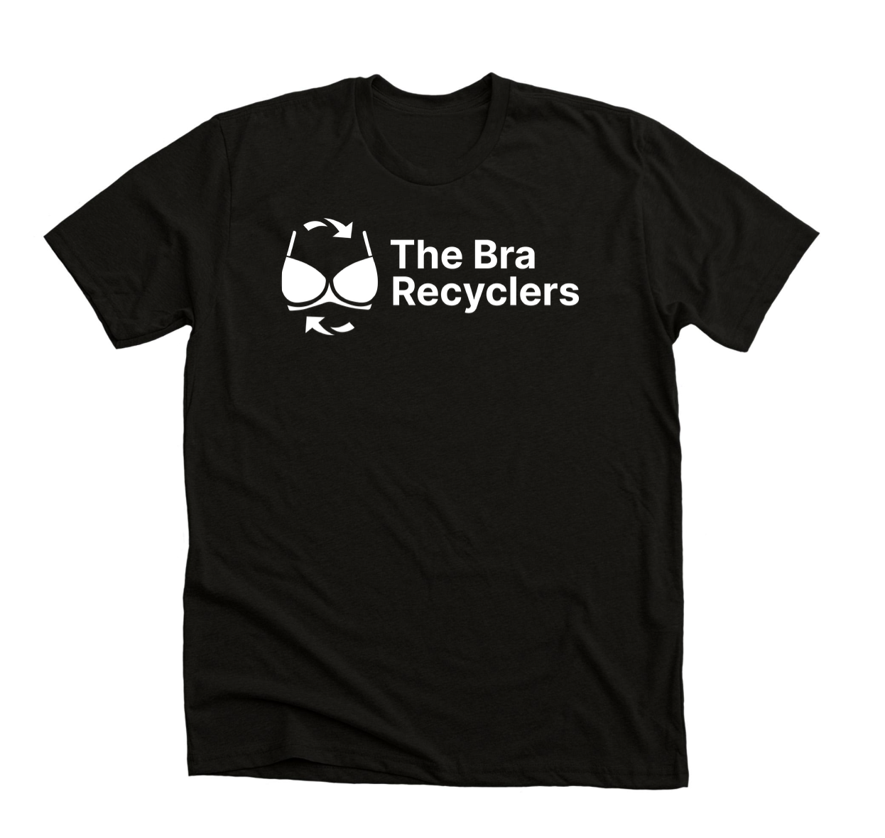 Black T-shirt with white graphic of a bra surrounded by recycling arrows and text that reads 'The Bra Recyclers'.