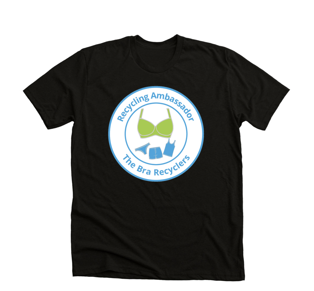 Black T-shirt with logo of a green bra, blue shorts, and a blue bottle, concentric circles with the text 'Recycling Ambassador' and 'The Bra Recyclers'.