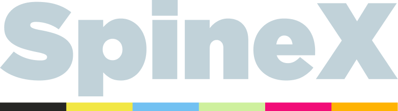The logo of Spinetx, with the name in large light gray letters and a colorful line below it featuring blue, yellow, pink, and black segments.