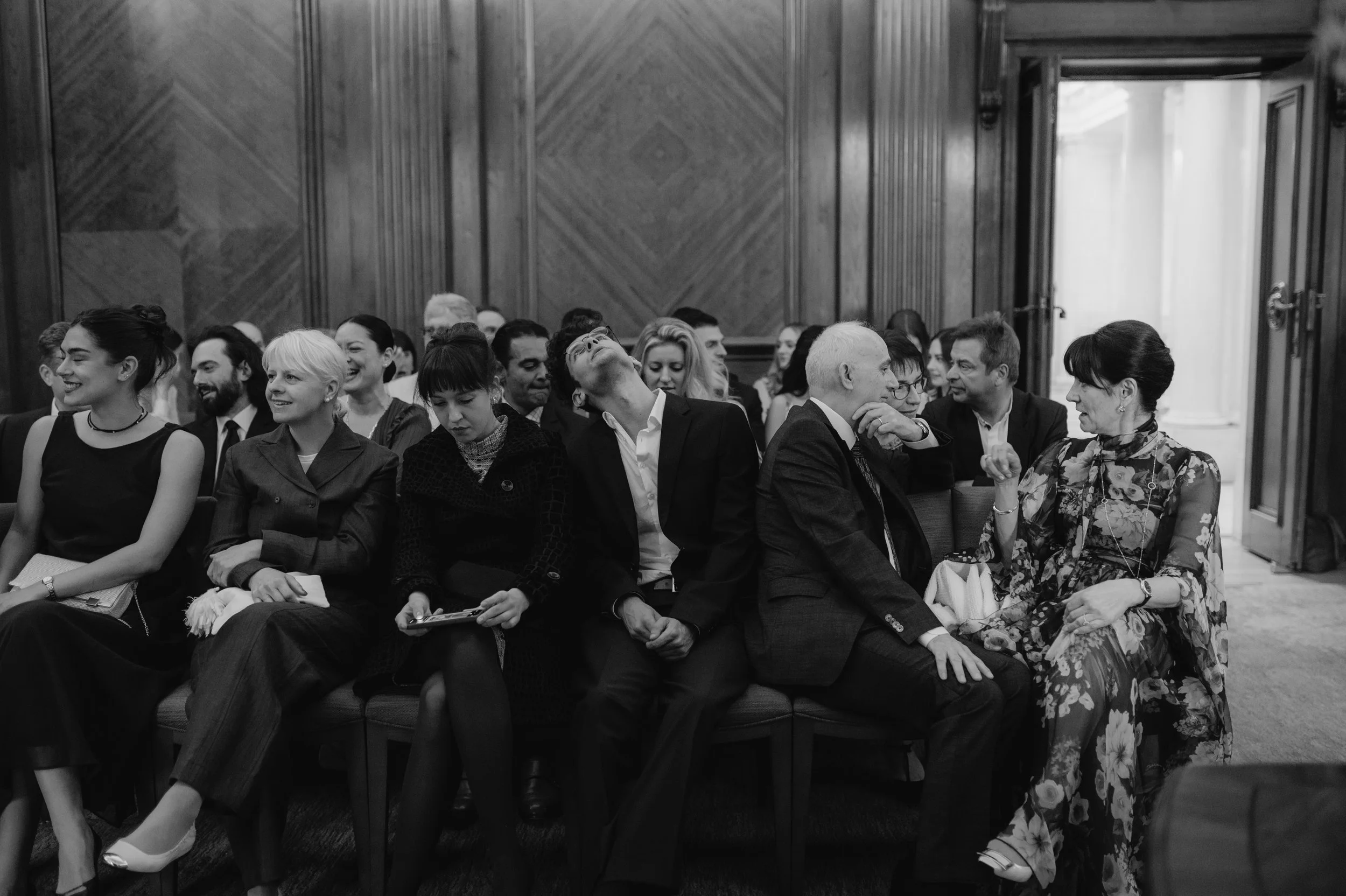 London wedding photography at Marylebone Town Hall guests waiting before ceremony