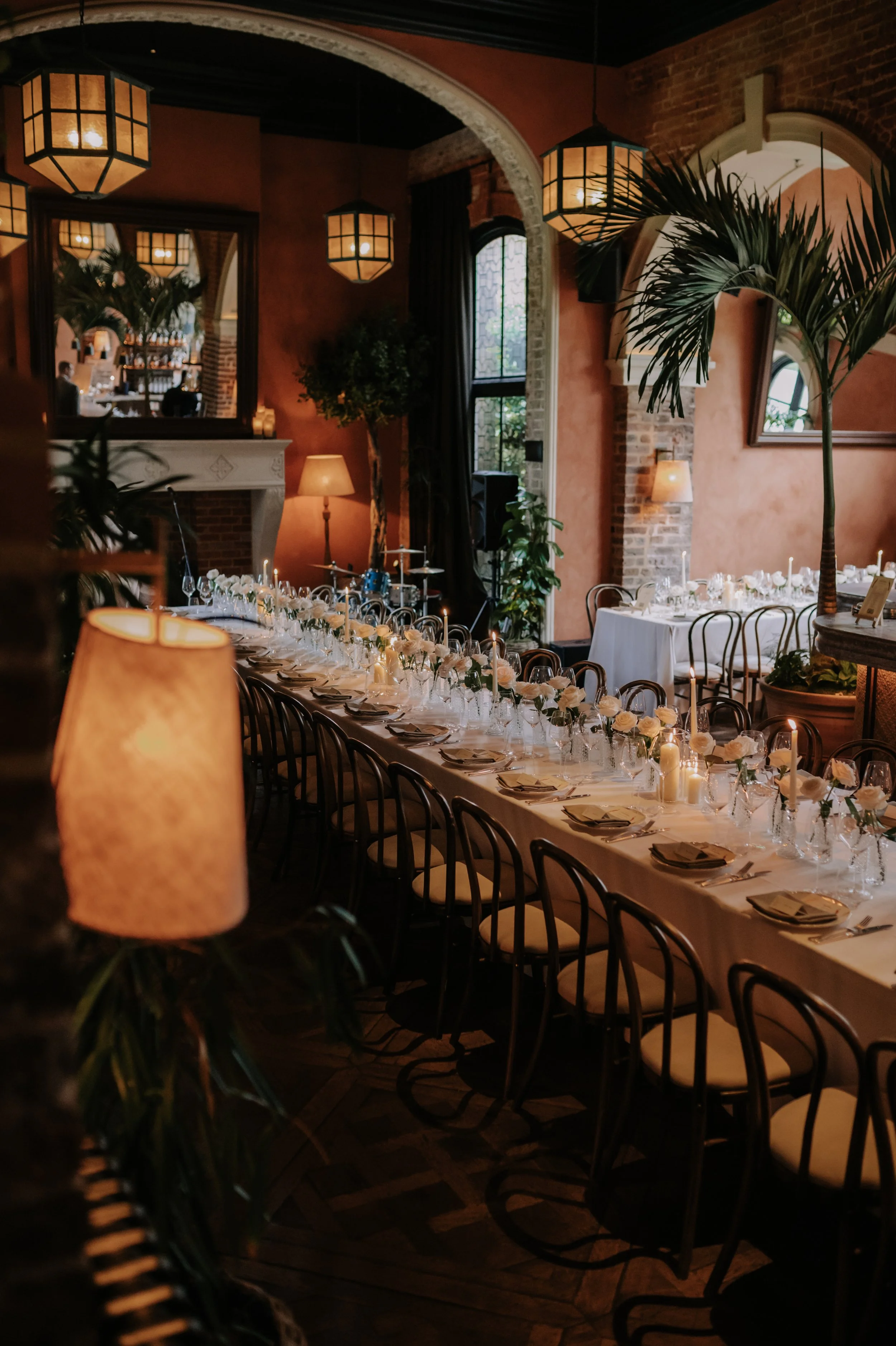London wedding photography at Belvedere in Holland Park white roses and candles on table set up