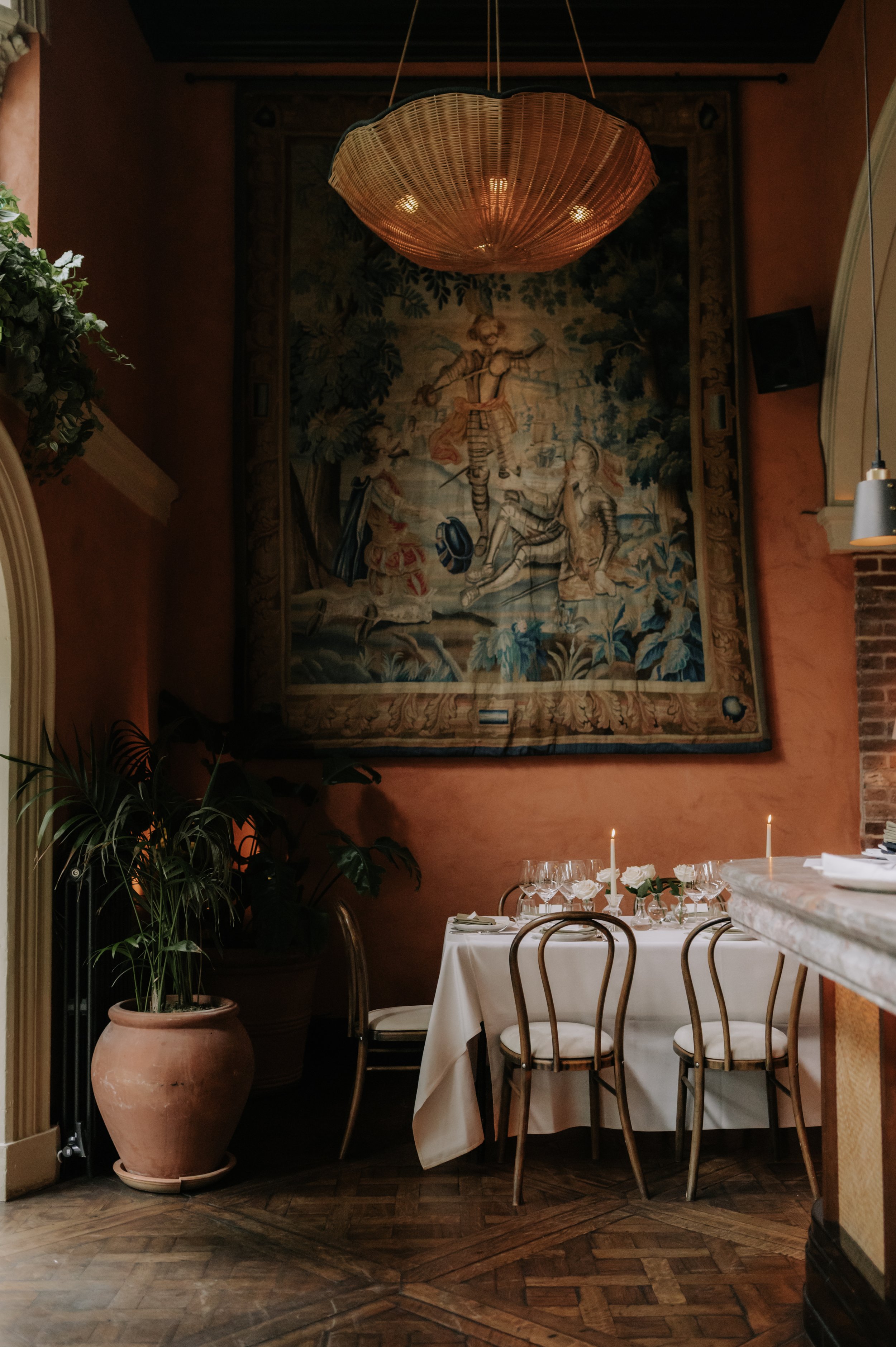 London wedding photography at Belvedere in Holland Park white roses and candles on table set up