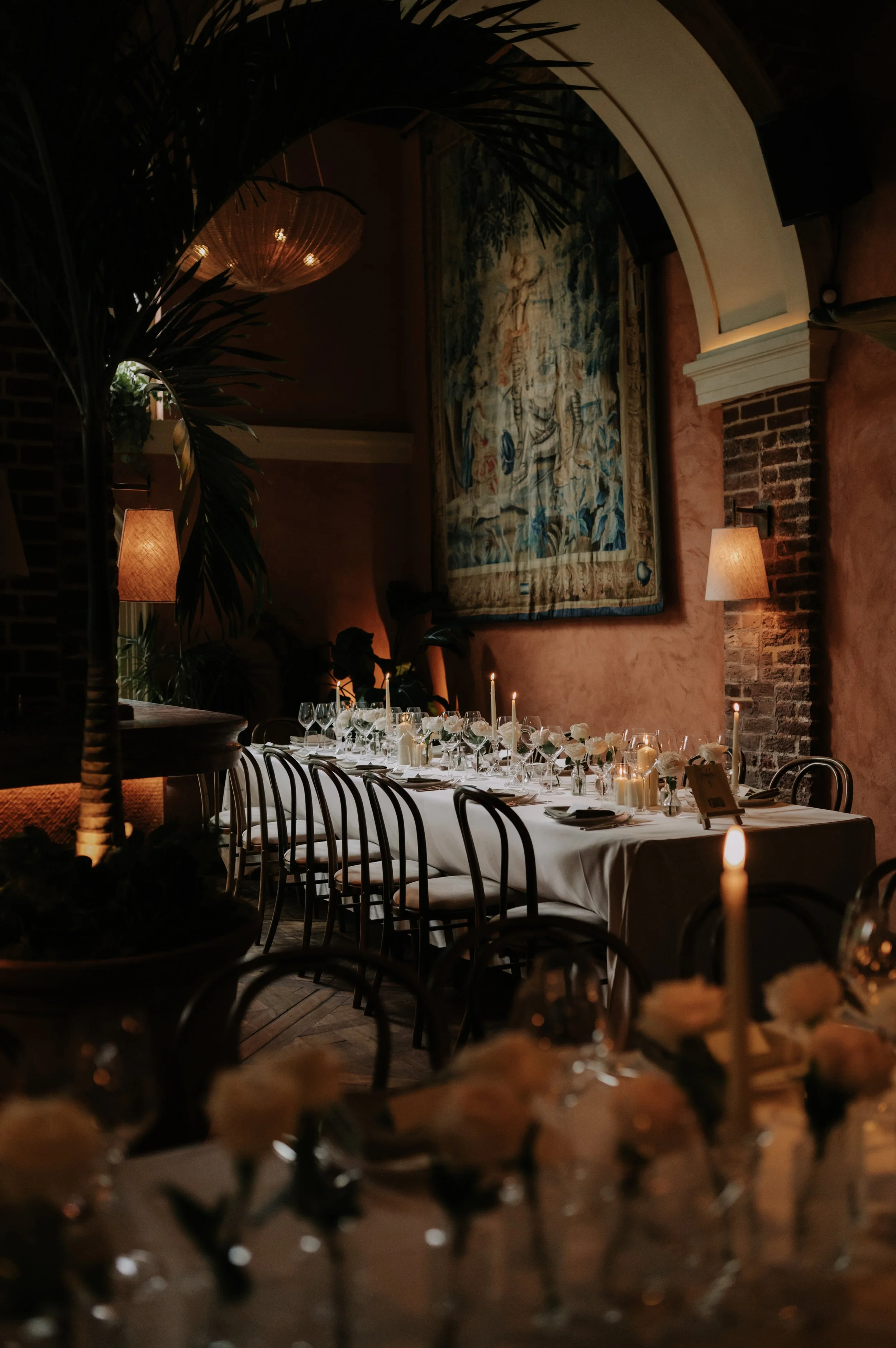 London wedding photography at Belvedere in Holland Park white roses and candles on table set up