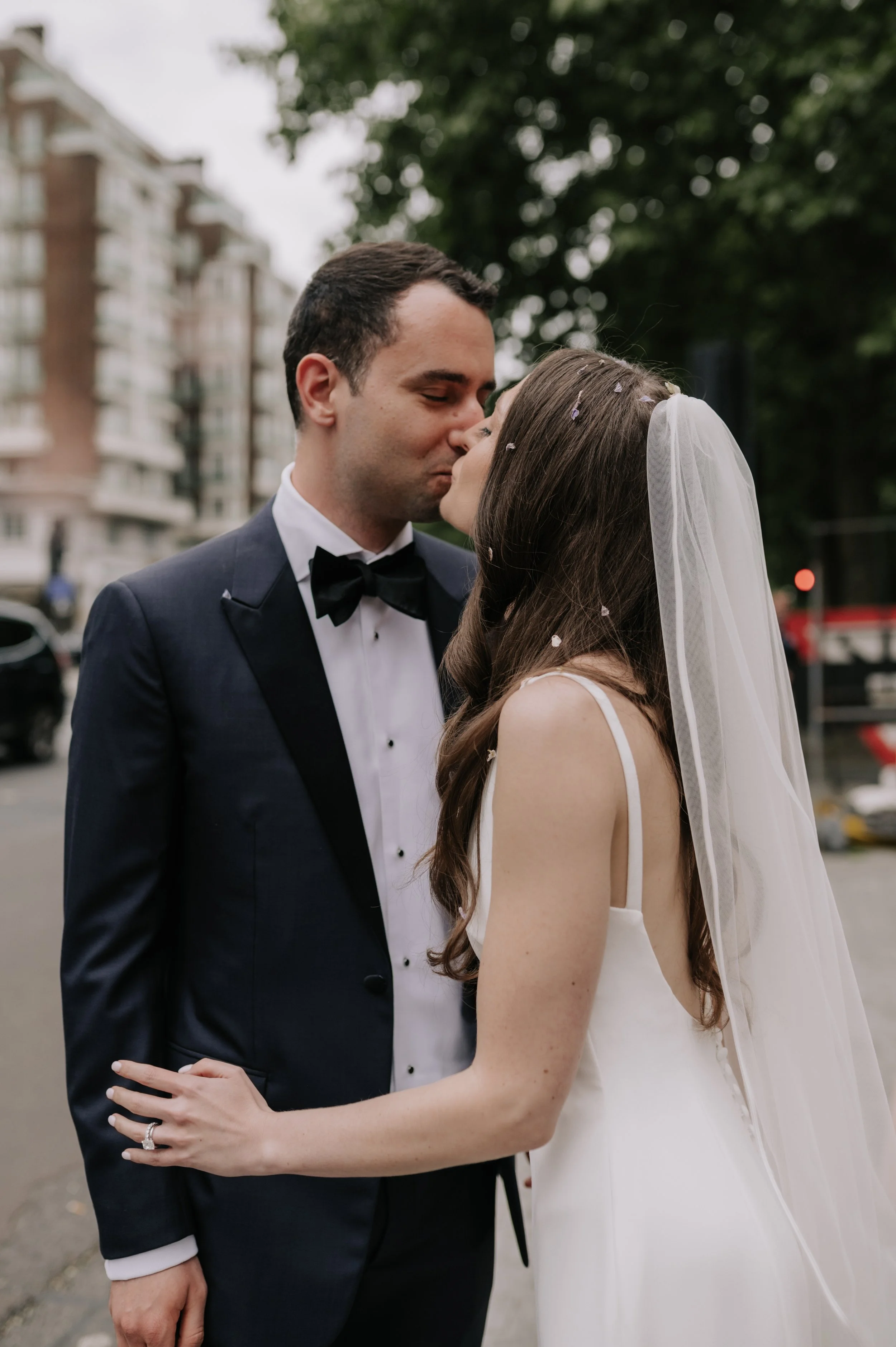 London wedding photography at Marylebone Town Hall bride and groom kissing