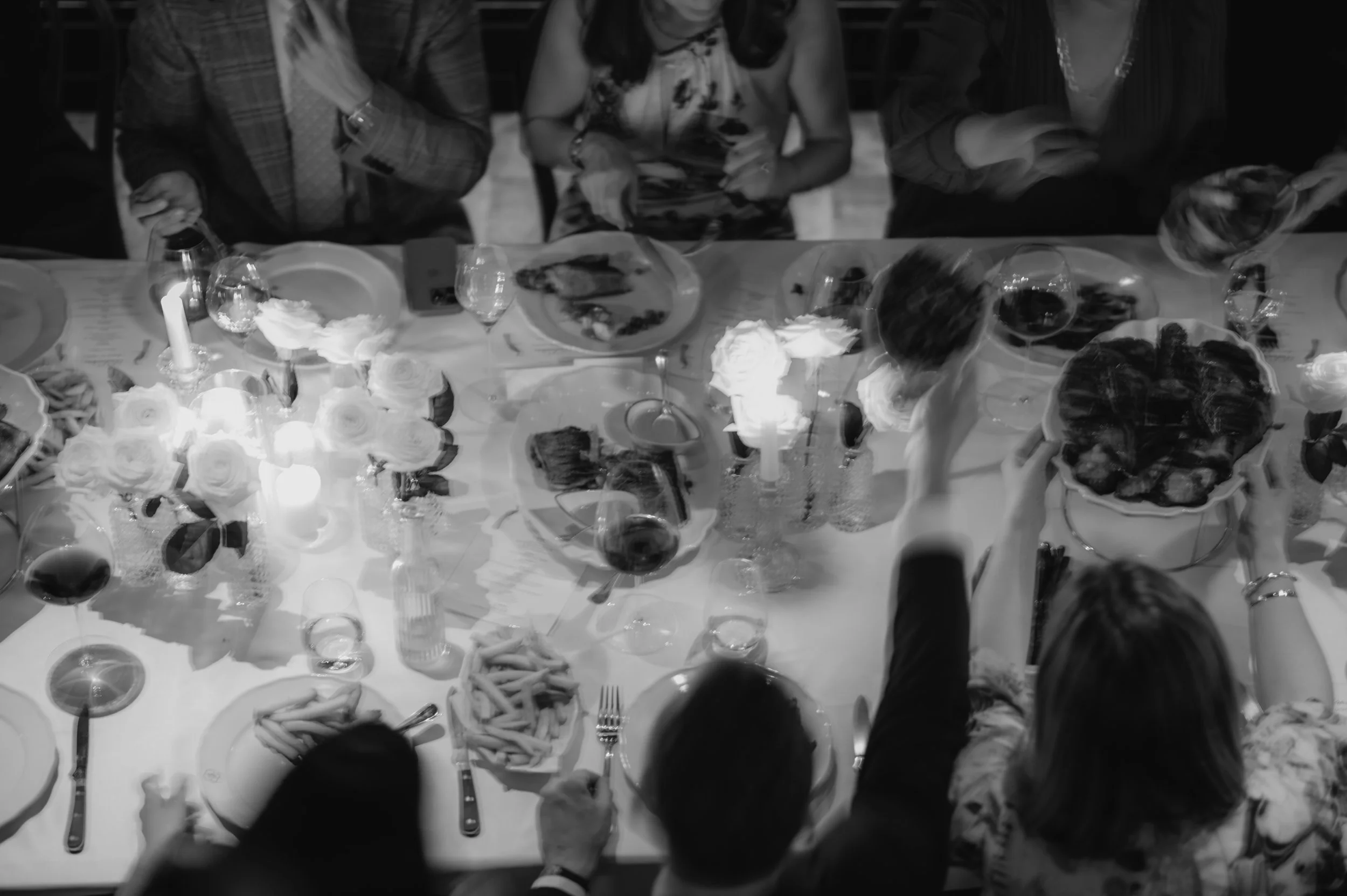 candlelit dinner London wedding photography at Belvedere in Holland Park guests eating dinner 