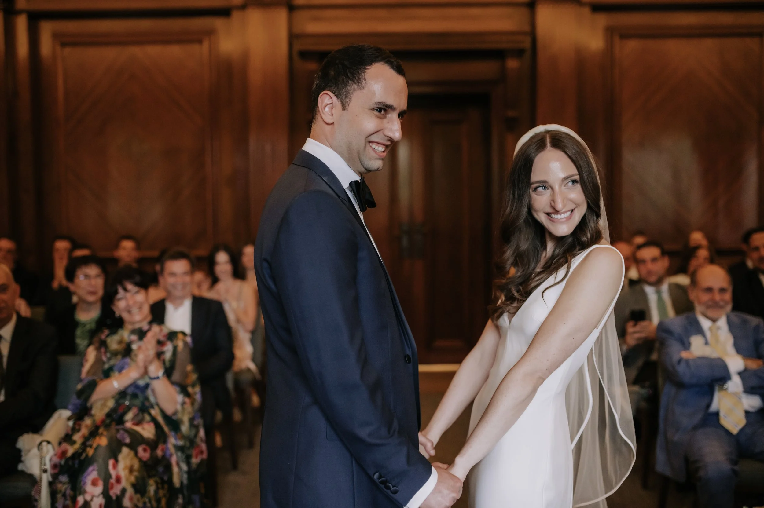 London wedding photography at Marylebone Town Hall bride and groom smiling